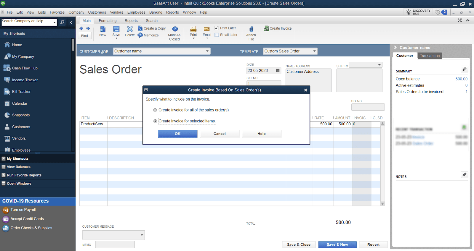 Choose the appropriate options based on whether you want to create an invoice for all the sales orders or for the selected items.