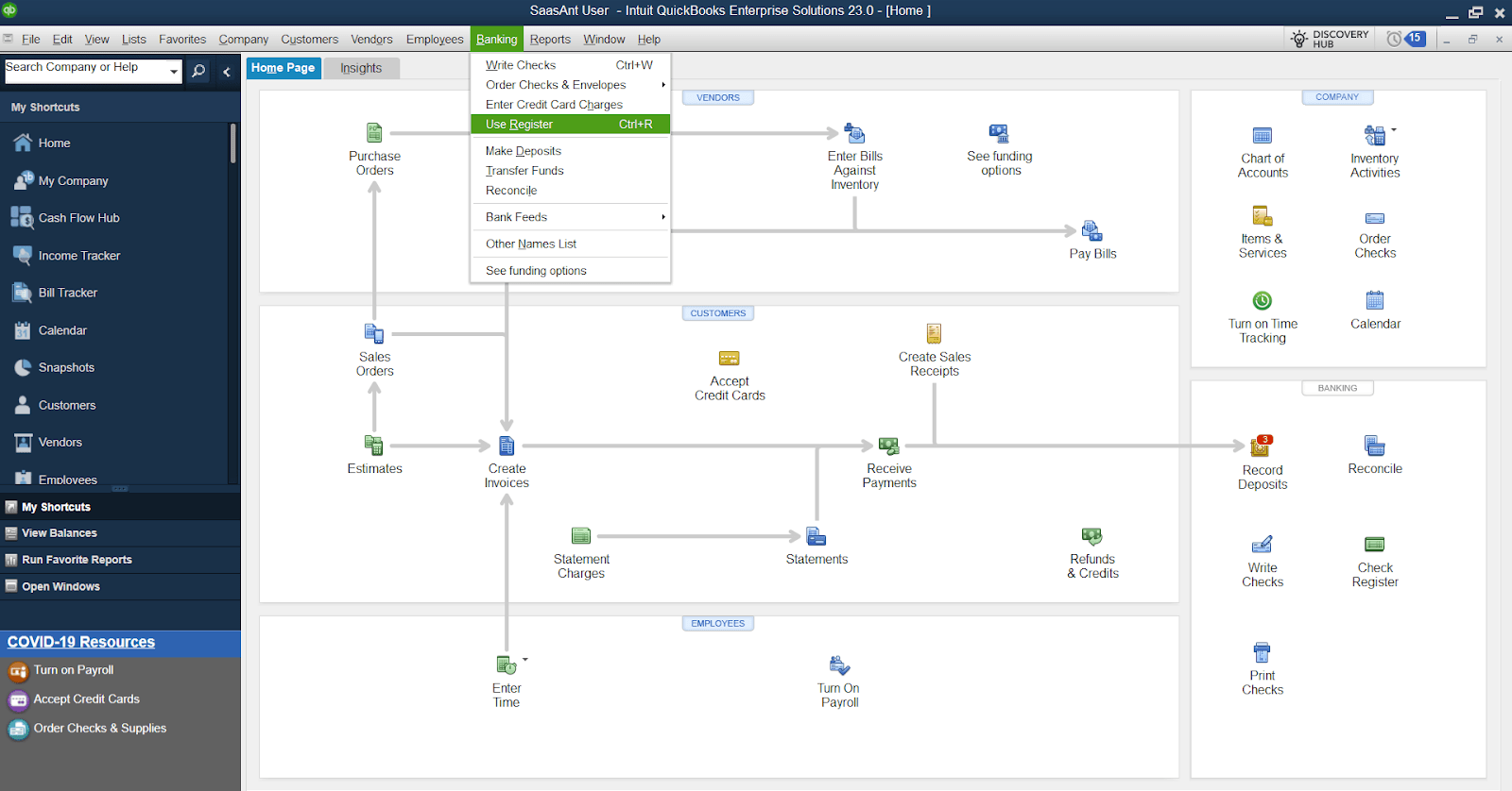 Navigate to the 'Banking' menu and select 'Use Register.'