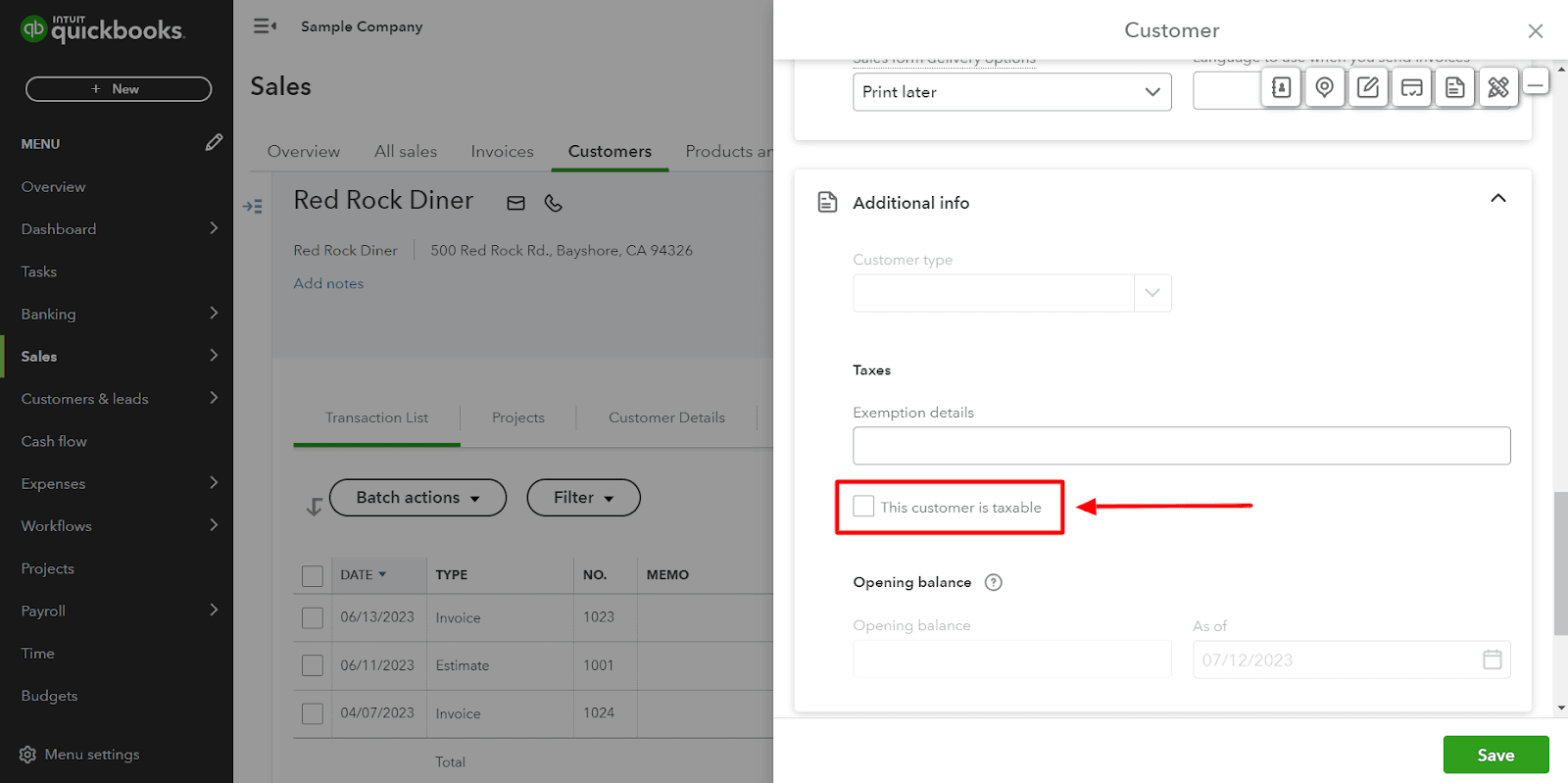 Within the ‘Additional info’ tab, check the ‘This customer is taxable’ box and click ‘Save.’