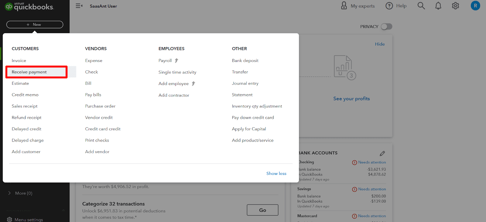 Select "Receive Payment" from the “Customer” column