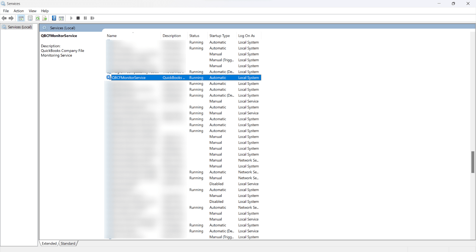 Search for the QuickBooks DBCF service in the list of services to change its properties.