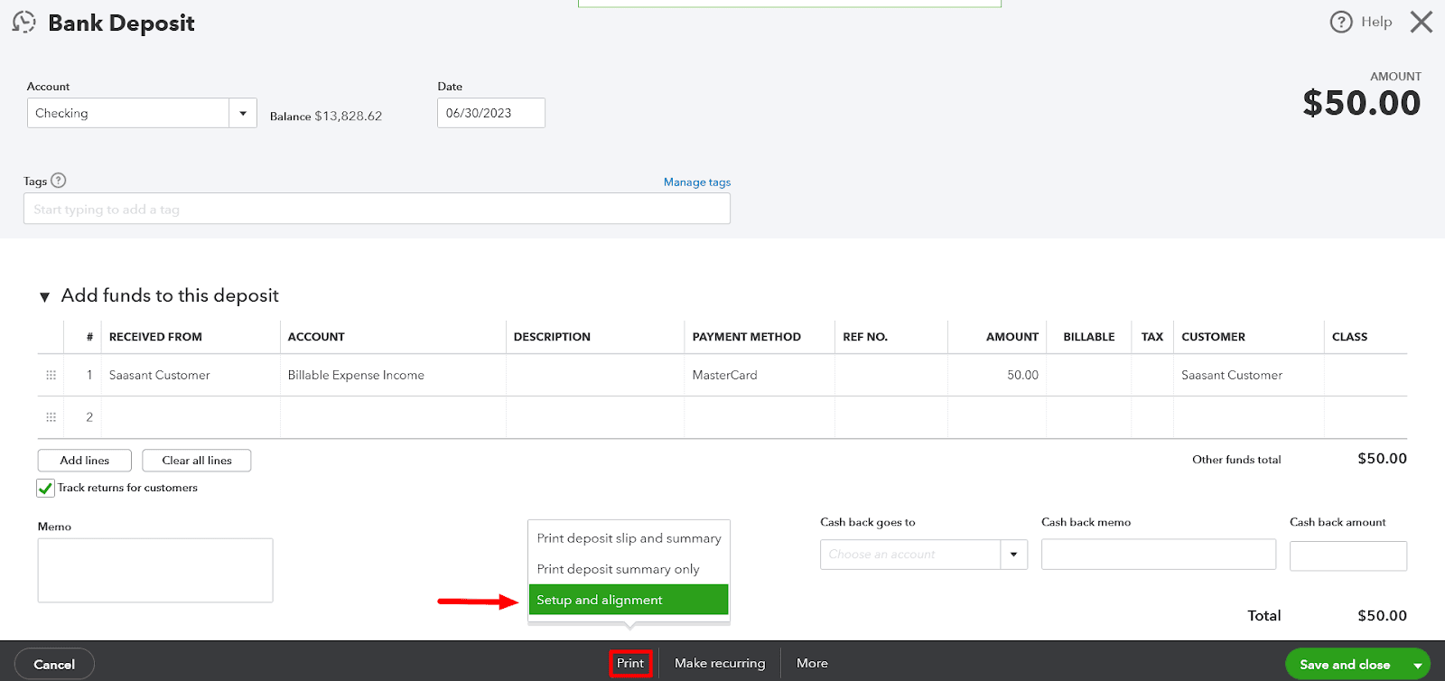 Select Setup and Alignment to open the Print deposit slip setup page.