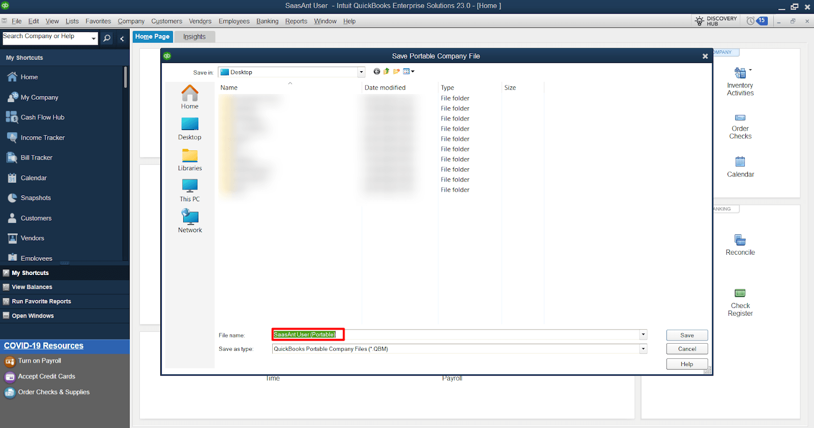 Select a location to save your portable company file.