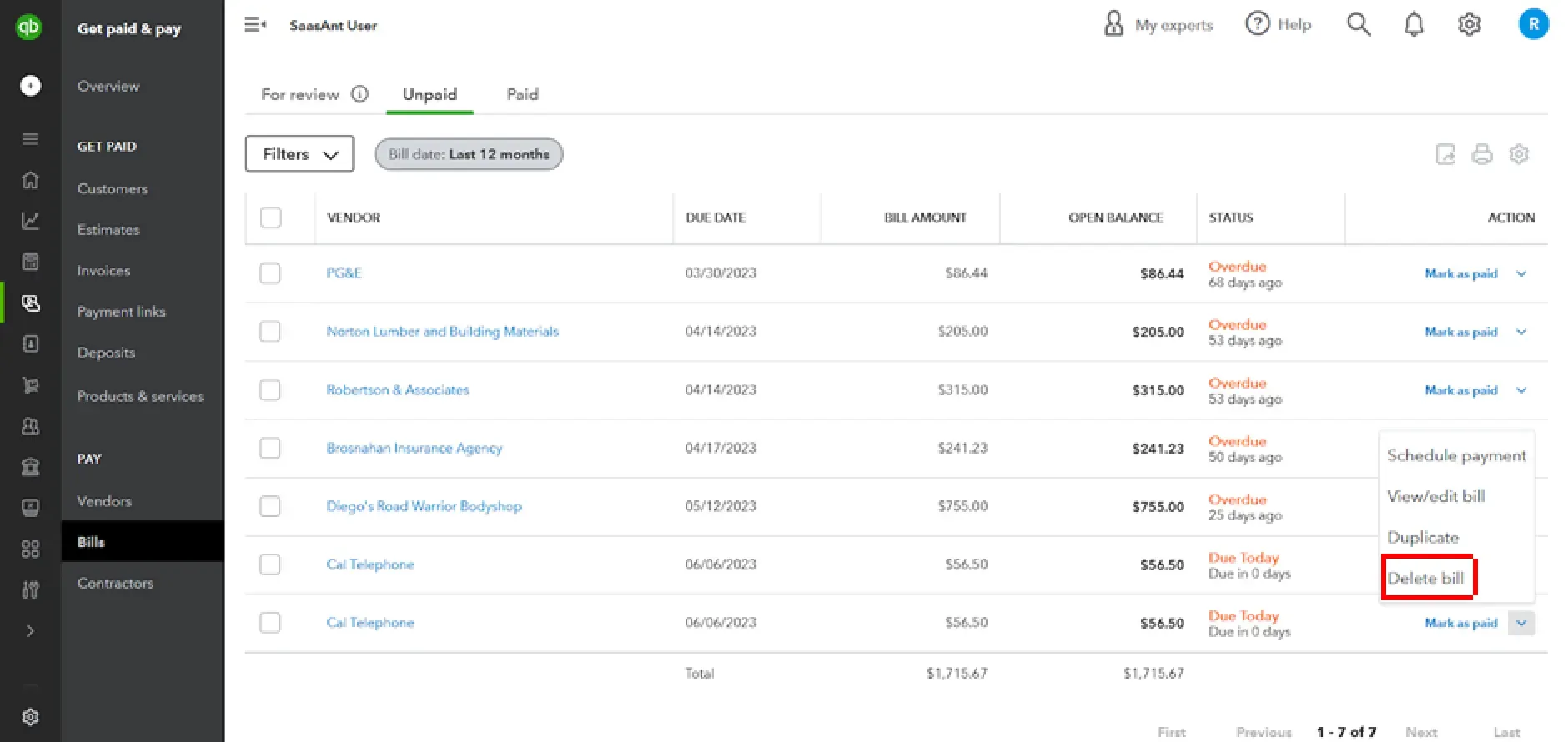 delete bill quickbooks online fix bills