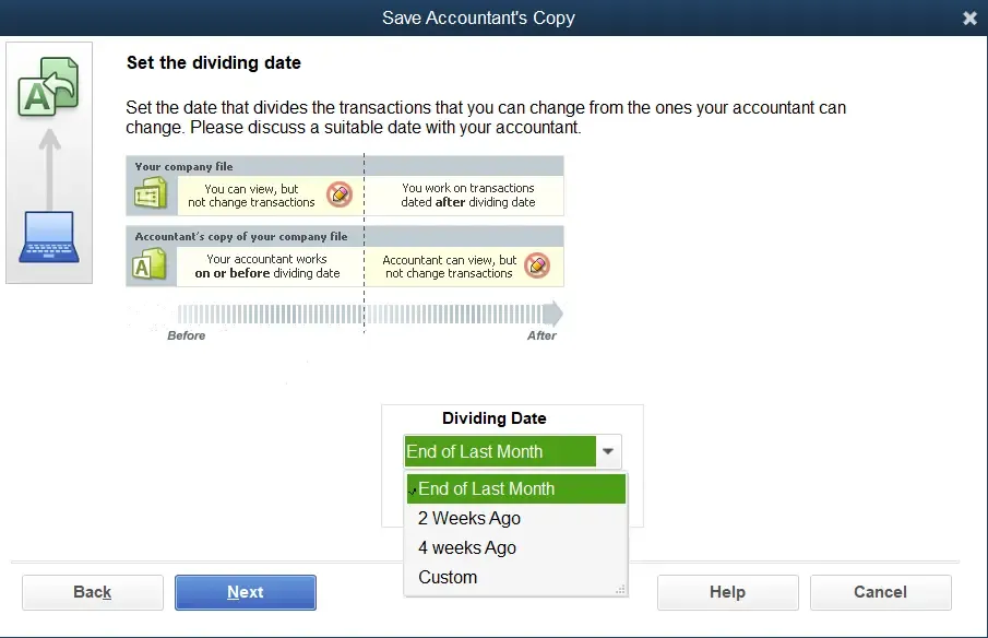 set the dividing date for accountant's copy