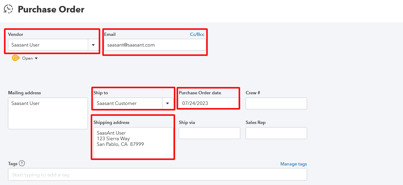 Fill in the necessary fields such as the ‘Delivery date,’ ‘PO Number,’ and the shipping address
