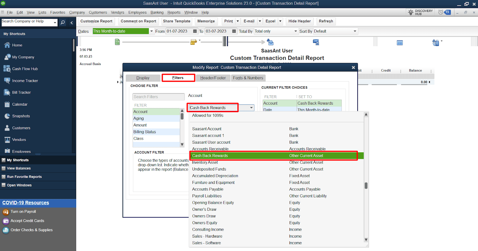 Customize the report settings to include the 'Cash Back Rewards' account and the respective expense accounts.