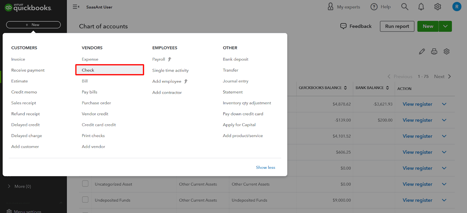 select 'Cheque' under the 'Vendors' column.