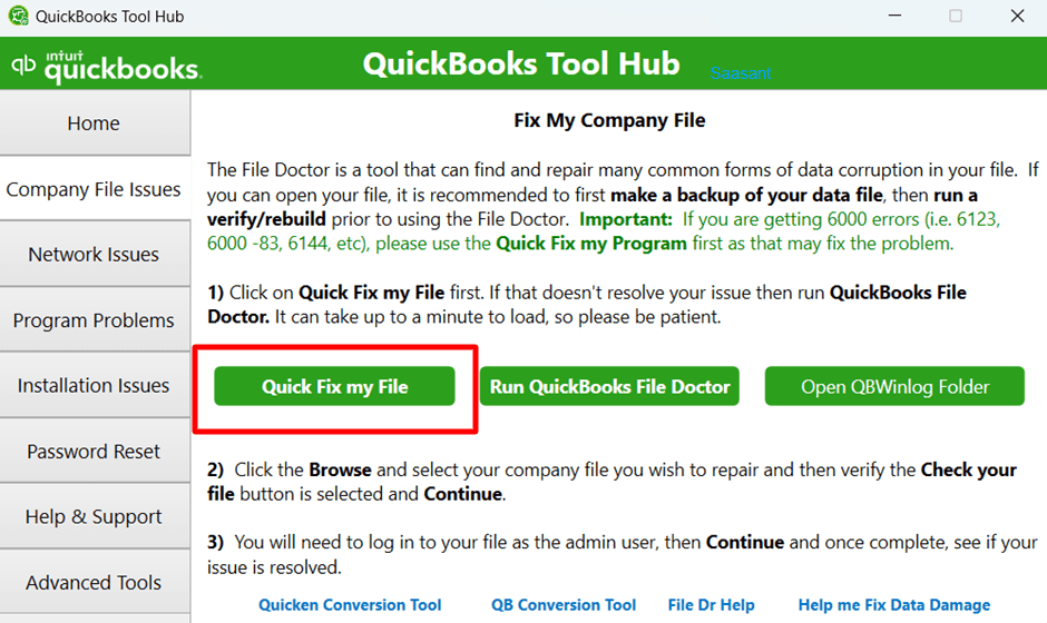 Run Quick Fix my File