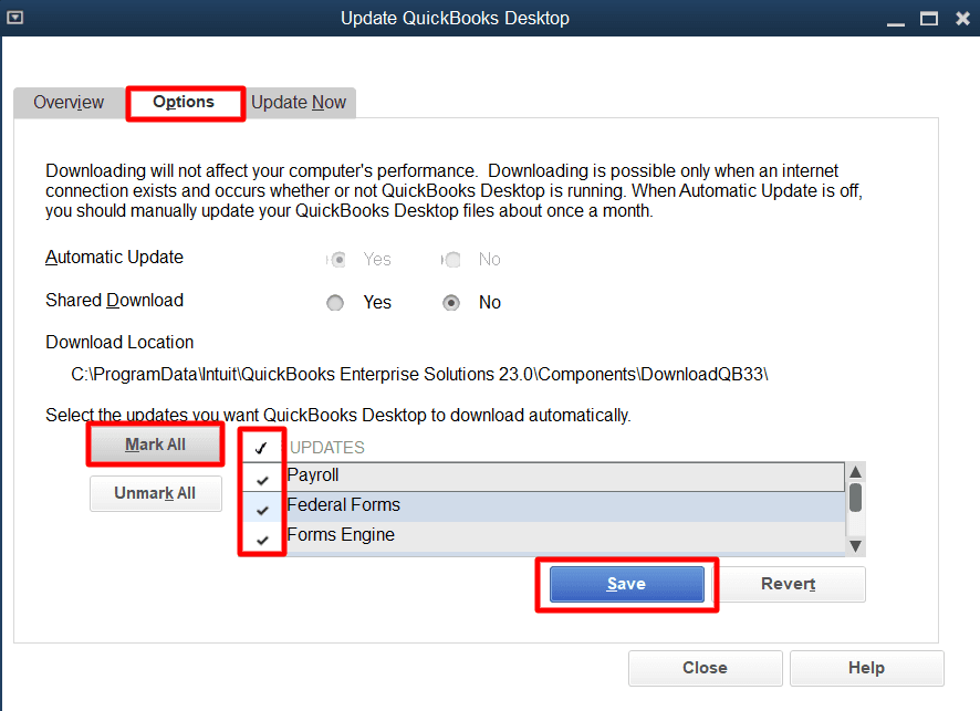 From the 'Options' tab, select the 'Mark All' button and then click on 'Save.'