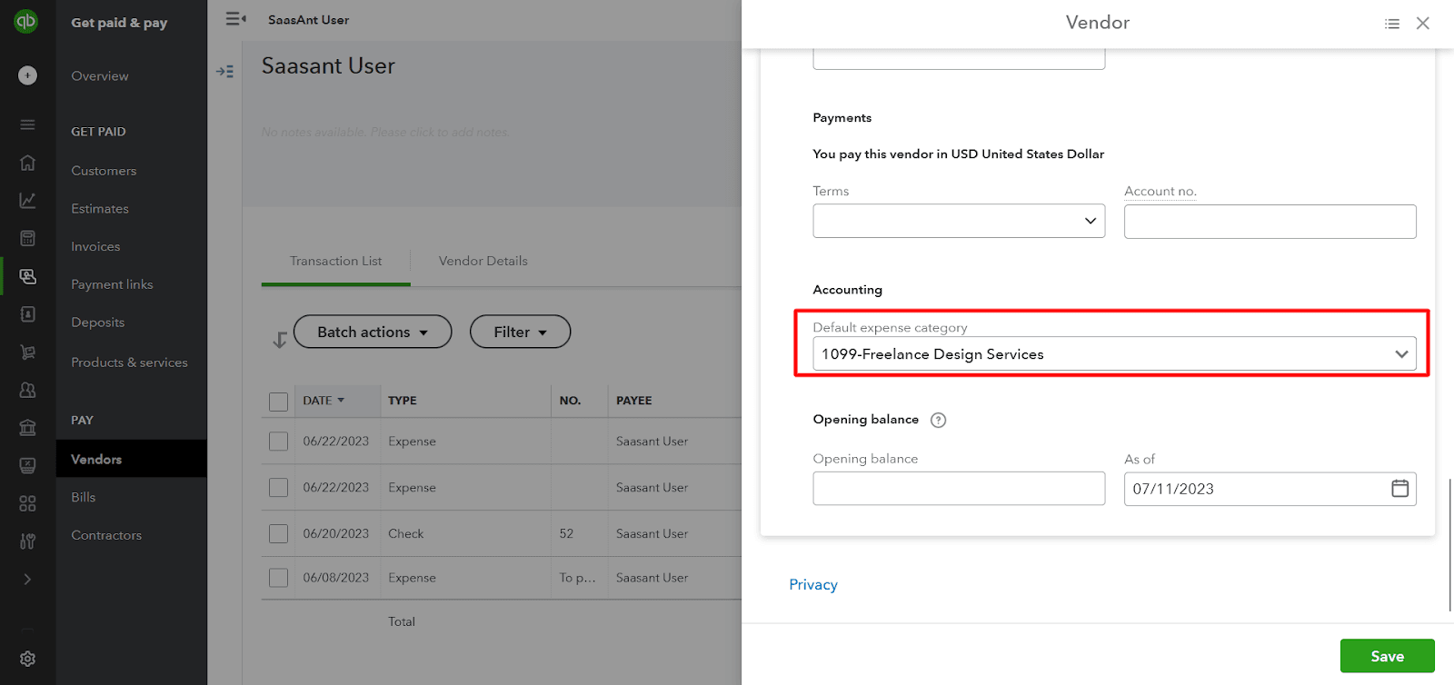 In the Account field, select the 1099 account that you created.