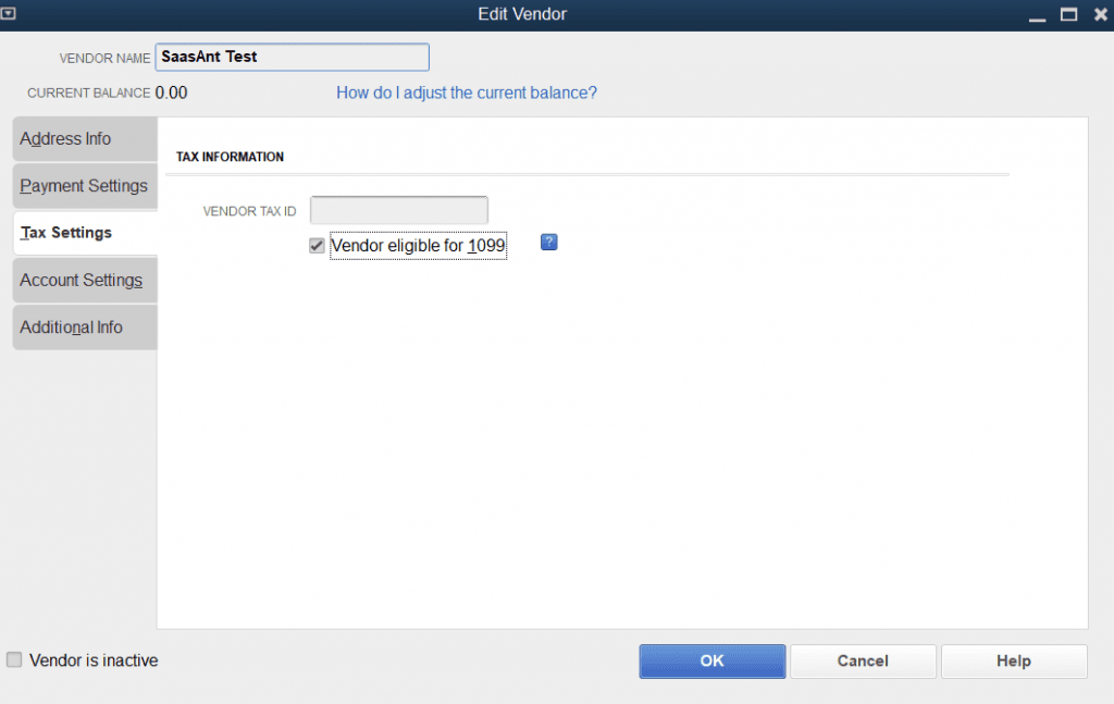 Enable vendor eligible for 1099 in the tax settings