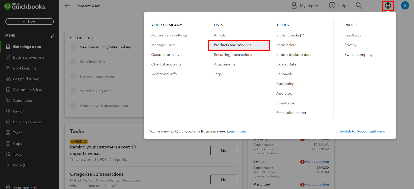 Access the Products and Services Menu