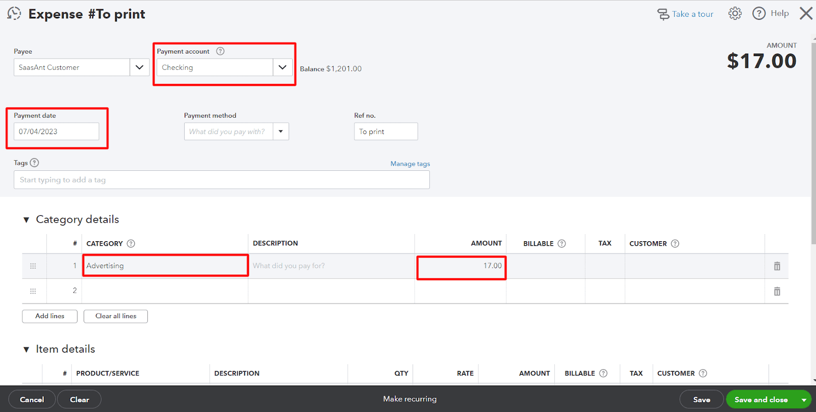 Enter the amount of the bank fee in the ‘Amount’ field.