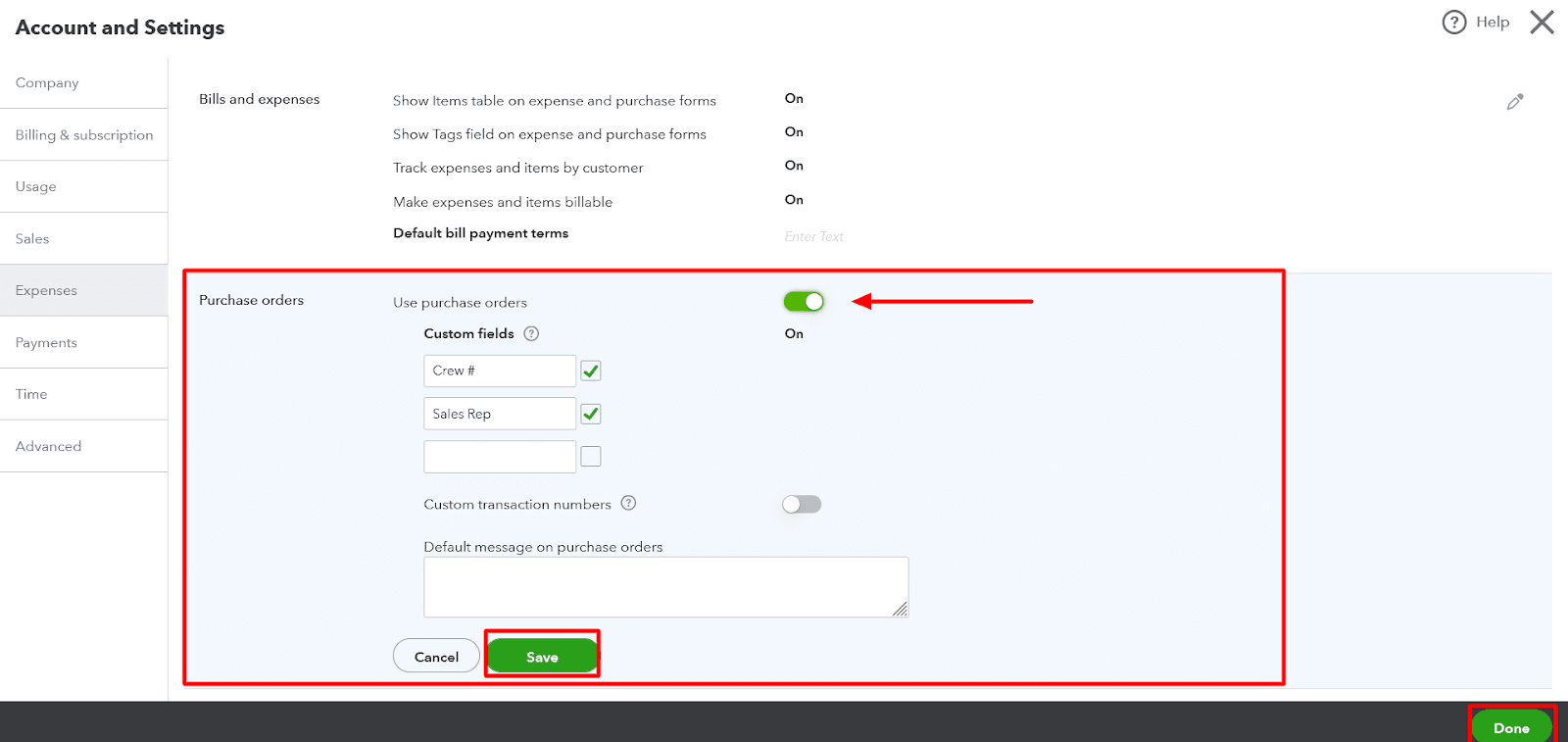 To confirm your changes, click 'Save' and 'Done.'