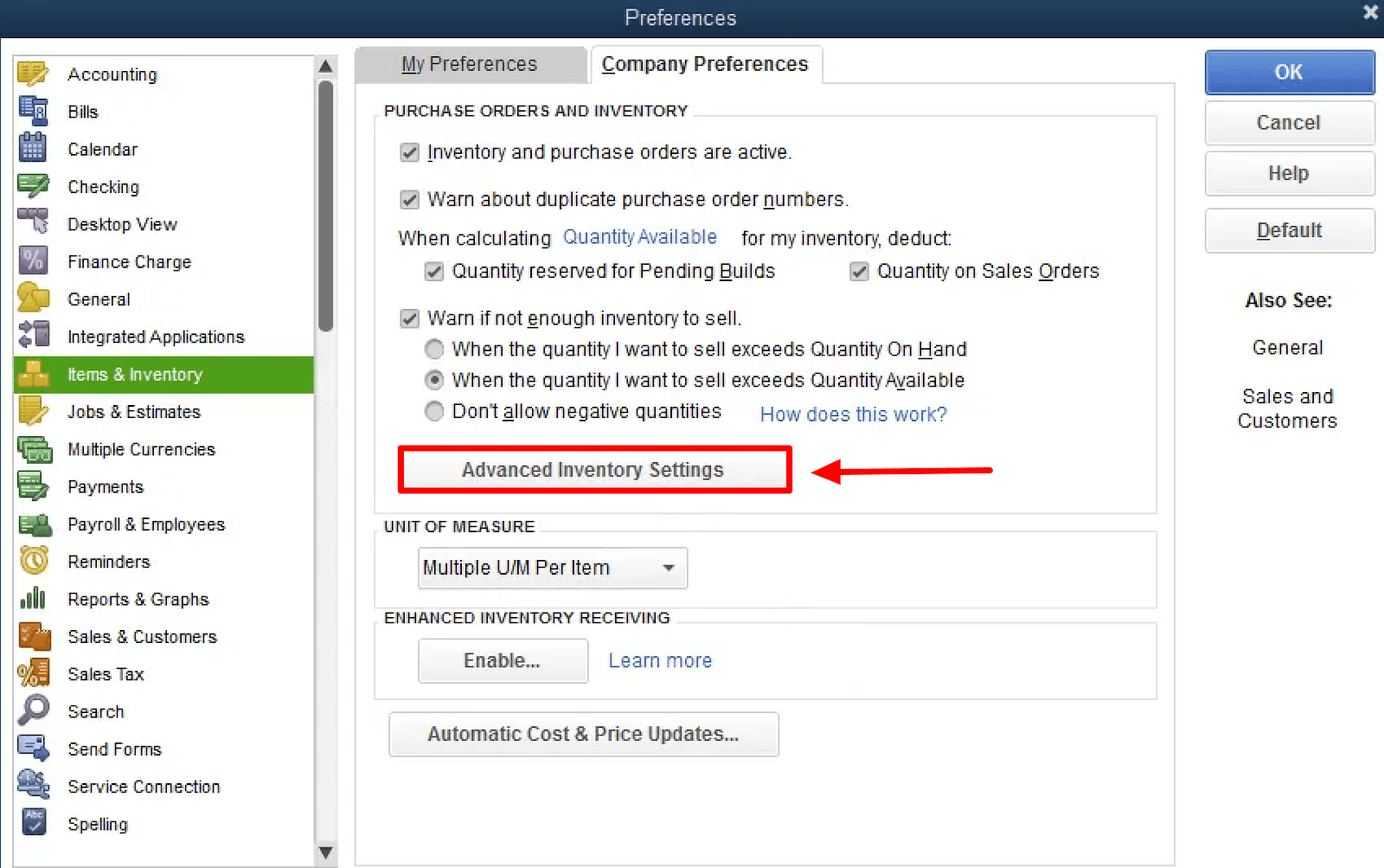Within the Company Preferences tab, select ‘Advanced Inventory Settings.’