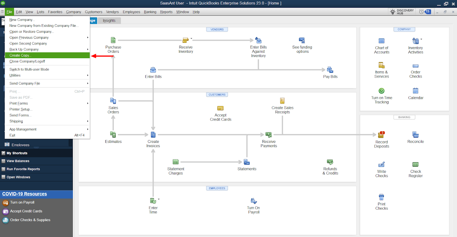 Open QuickBooks and log in as an admin