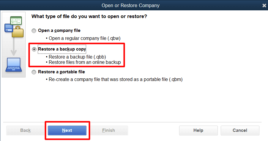 Choose the ‘Restore a Backup Copy’ radio button and click the ‘Next’ button