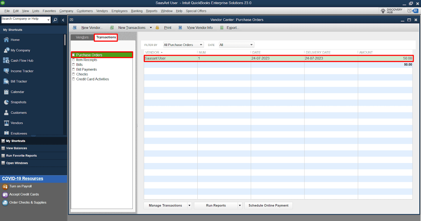 Under the ‘Transactions’ tab, select ‘Purchase Orders’ and click the purchase order you want to review or modify.