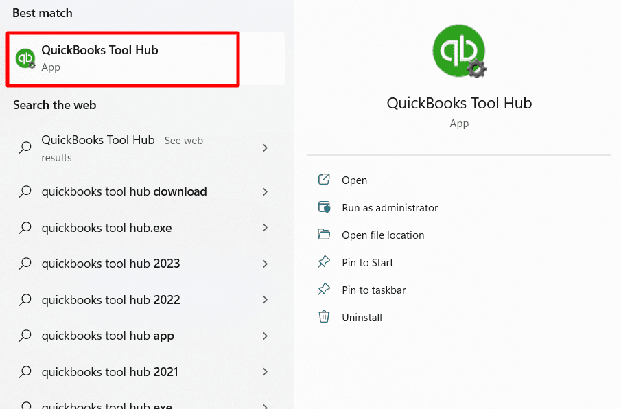 "QuickBooks Tool Hub" in the Start menu.