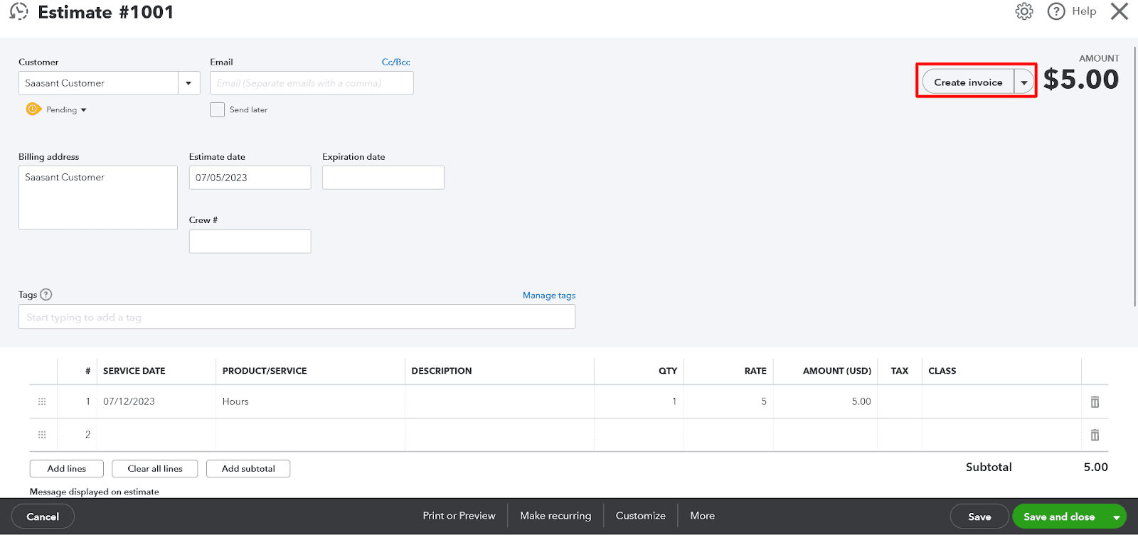 Click the “Create Invoice” button on the top right.