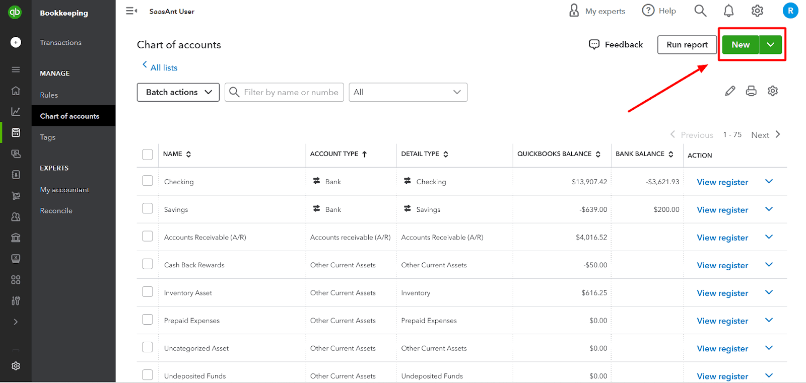 In the Chart of Accounts screen, click the ‘New’ button to create a new account.