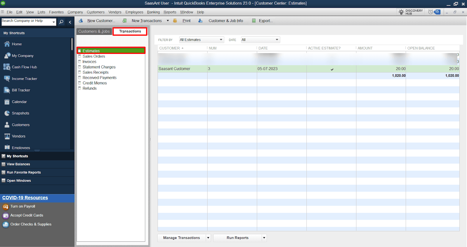 Select the Transactions Tab