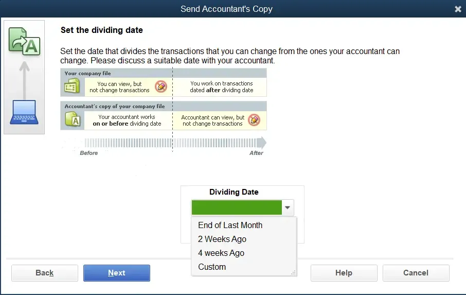 set the dividing date to send accountant's copy