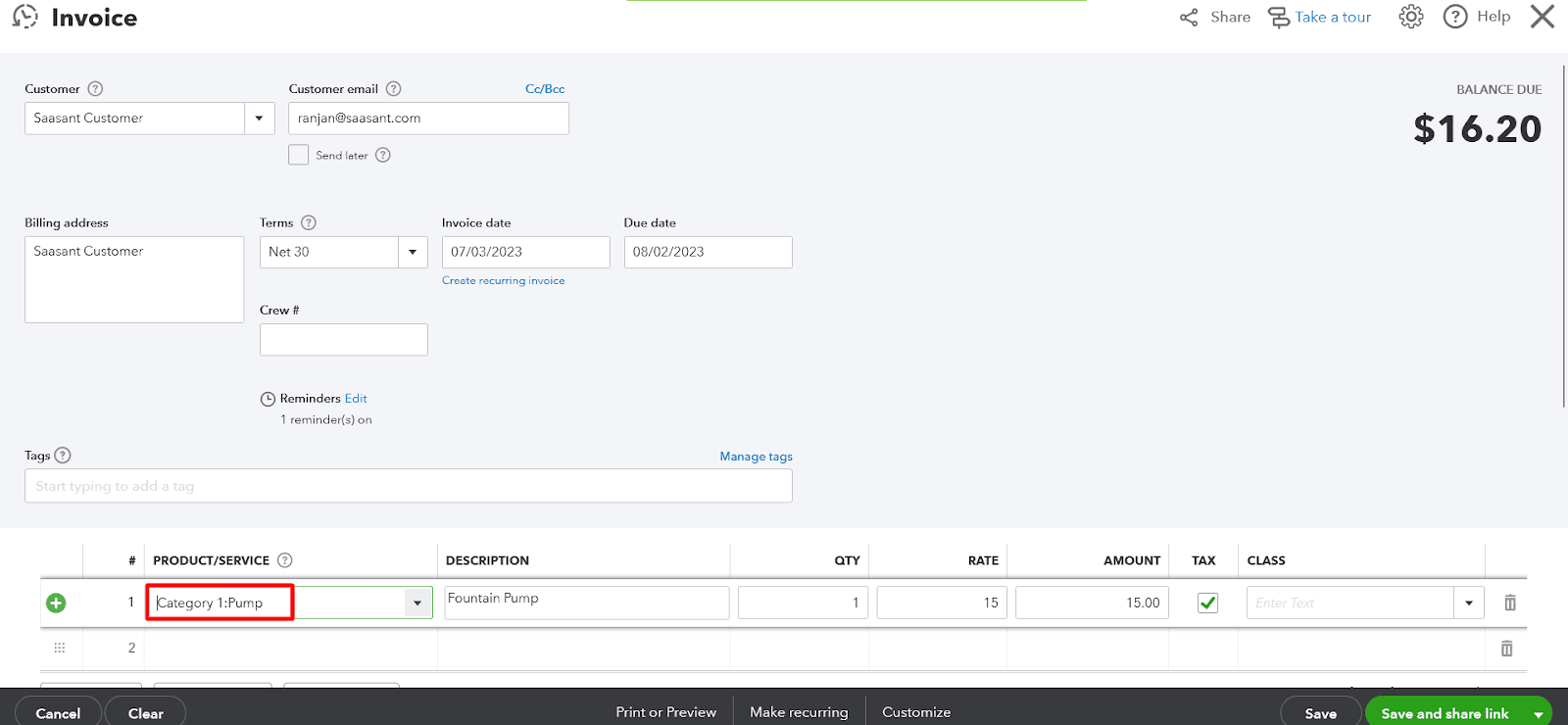 When you select a product/service, the categories field will be filled automatically.