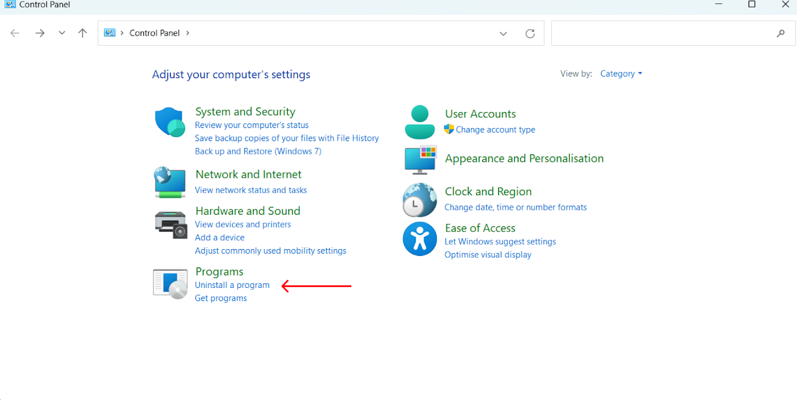 Select "Programs and Features" or "Uninstall a Program" in the Control Panel, depending on your view mode.
