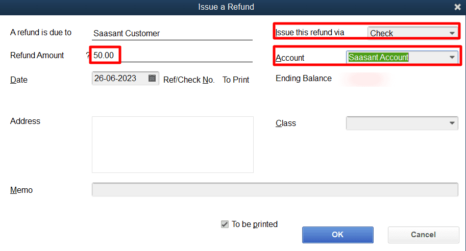 Enter the prepayment amount in the ‘Amount to Refund’ field.