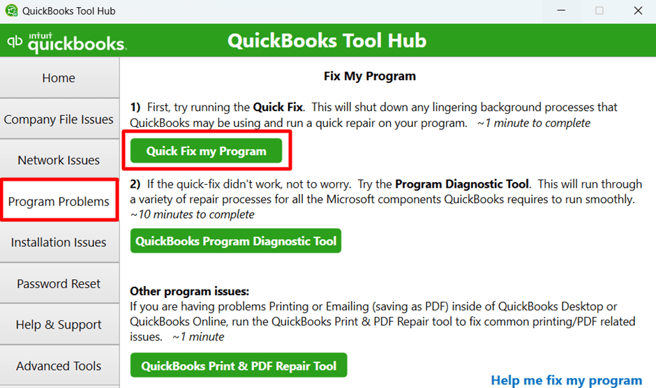 Then Navigate to the 'Quick Fix my Program.'