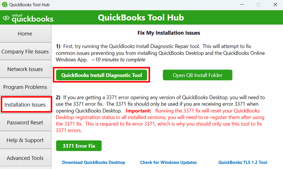 Run the Install Diagnostic Tool and restart your computer.