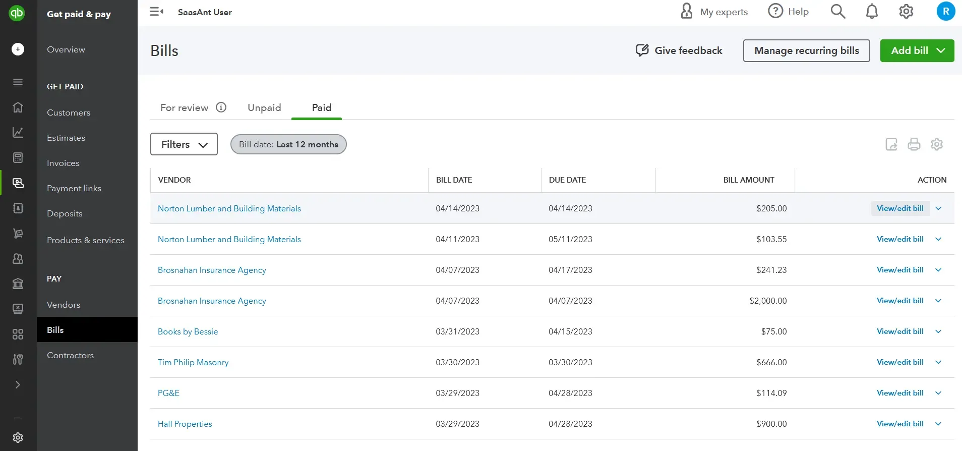 view and edit bills to correct dates in quickbooks online