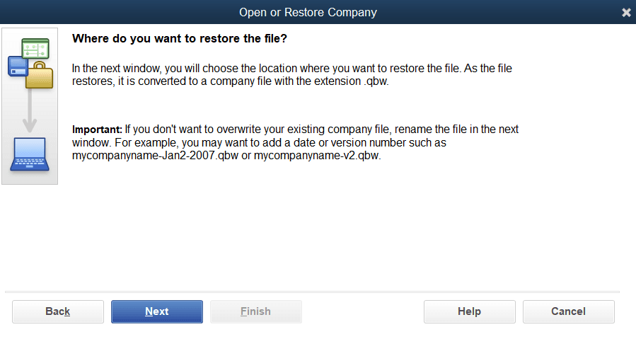Read the notes on the 'Where do you want to restore the file' page, then select 'Next.'