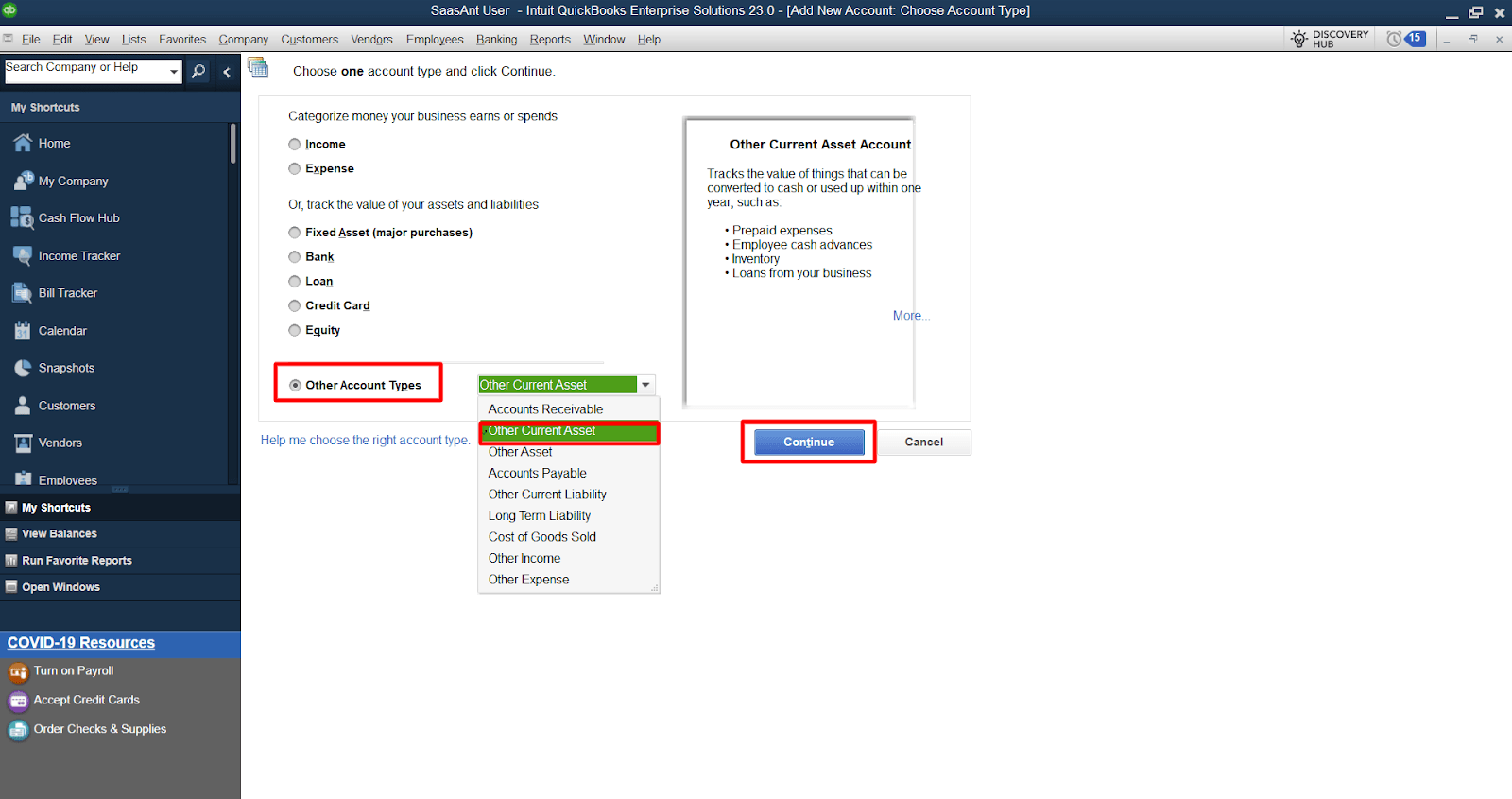 Choose 'Other Current Asset' as the account type and click 'Continue.'