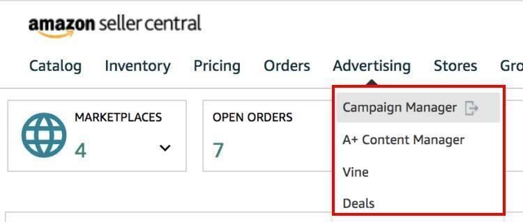 Amazon Seller Central advertising menu