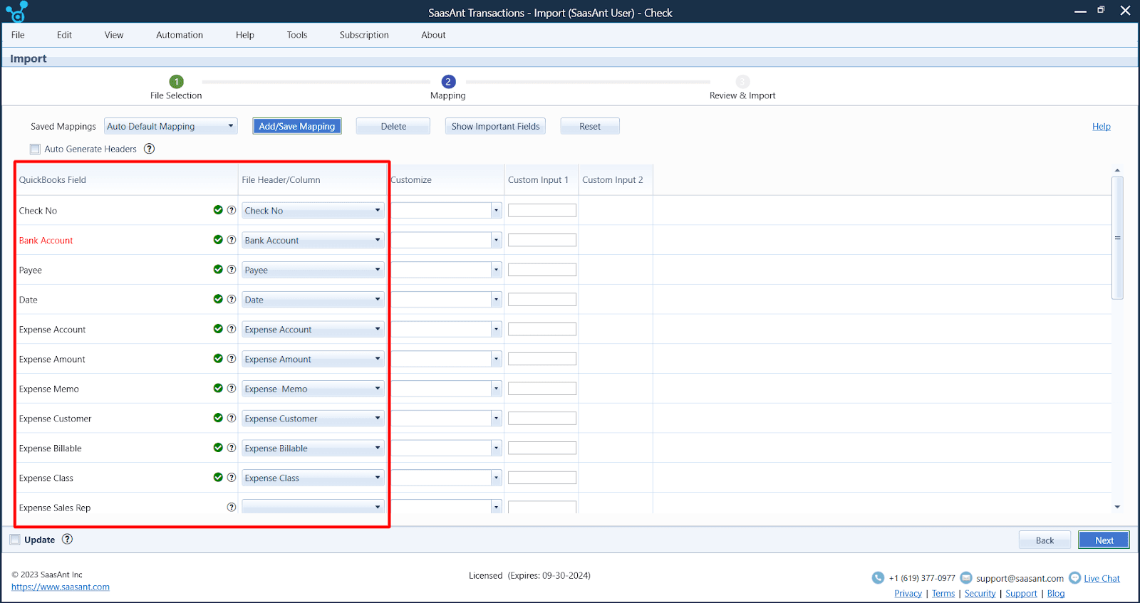 Map the fields in your data file to the QuickBooks fields