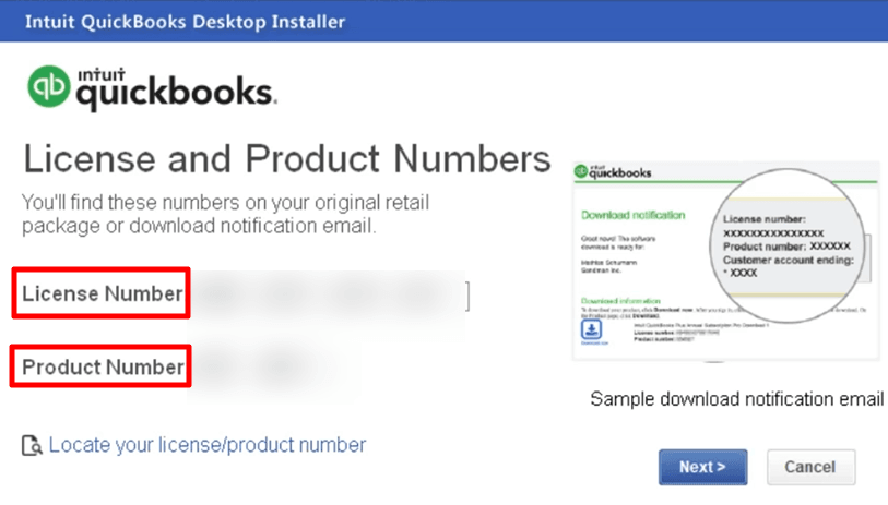 enter the product and license numbers 