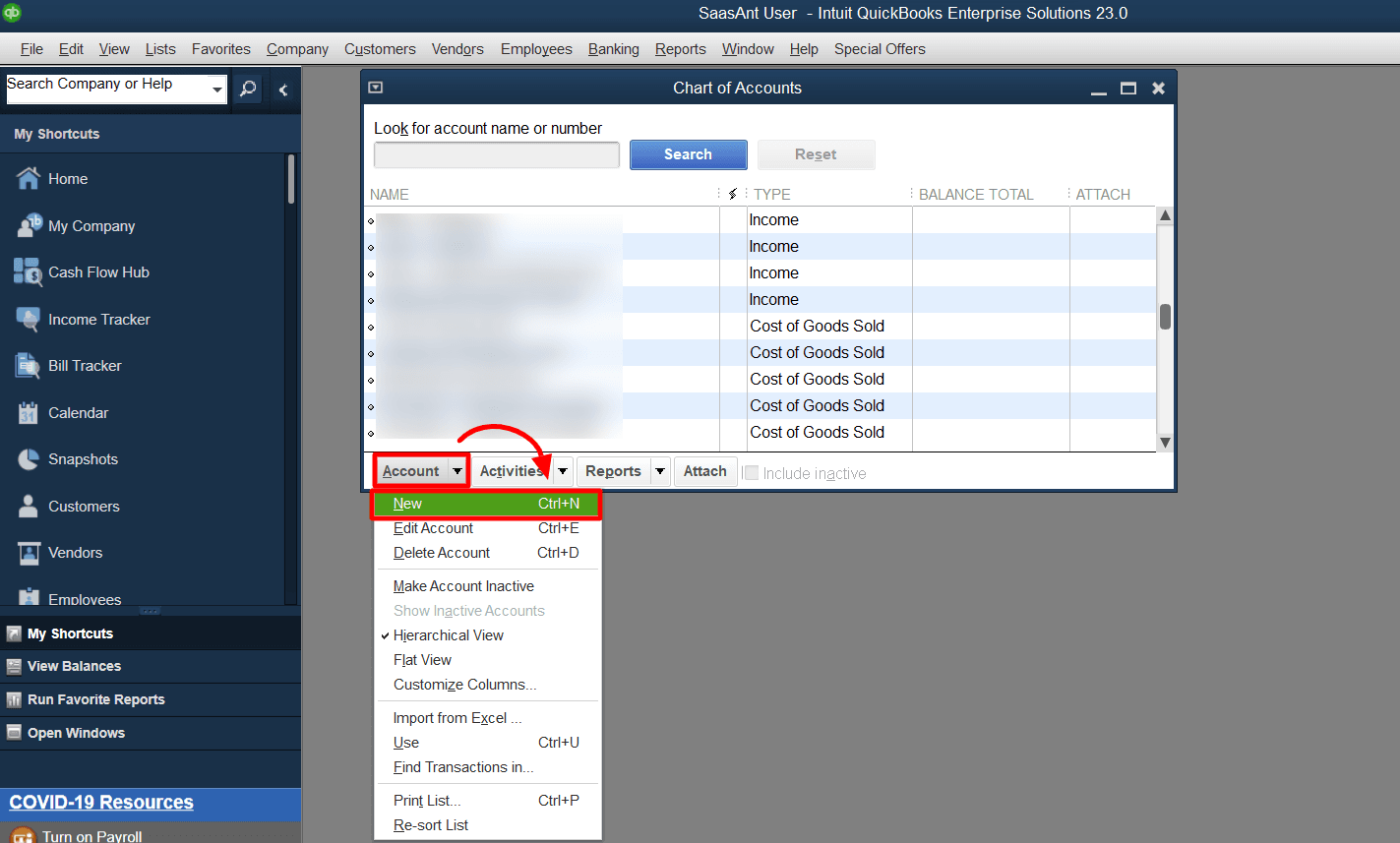 In the Chart of Accounts window, click ‘Account’ at the bottom of the screen and select ‘New.’