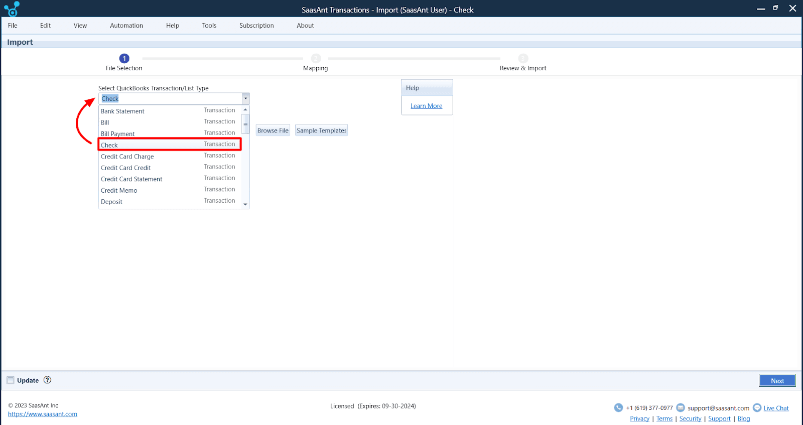 Choose the transaction type as Checks to import