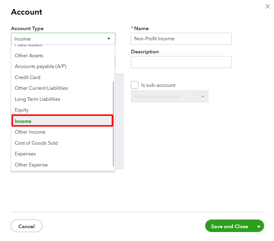 Choose the account type as ‘Income Account’ or ‘Expense Account’ depending on the transaction made.