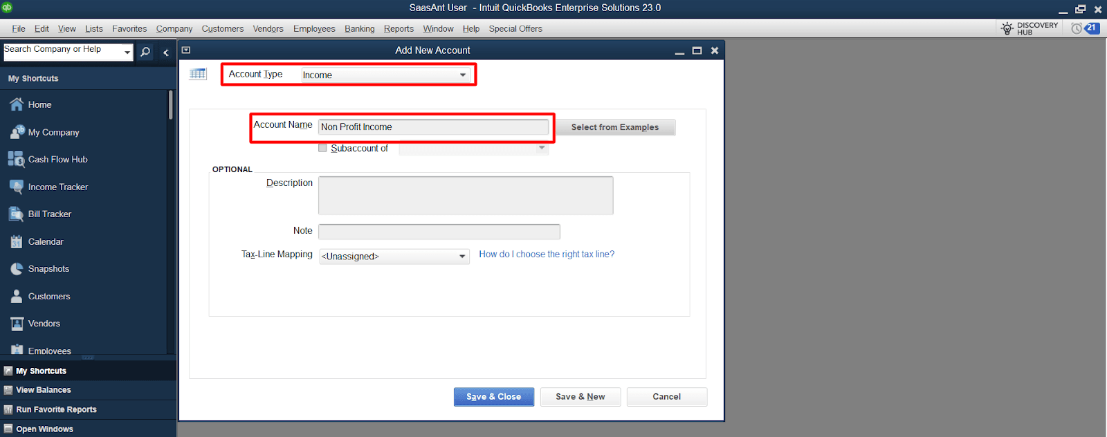 You can add a new name or select an existing account name by clicking the ‘Select from Examples’ button.