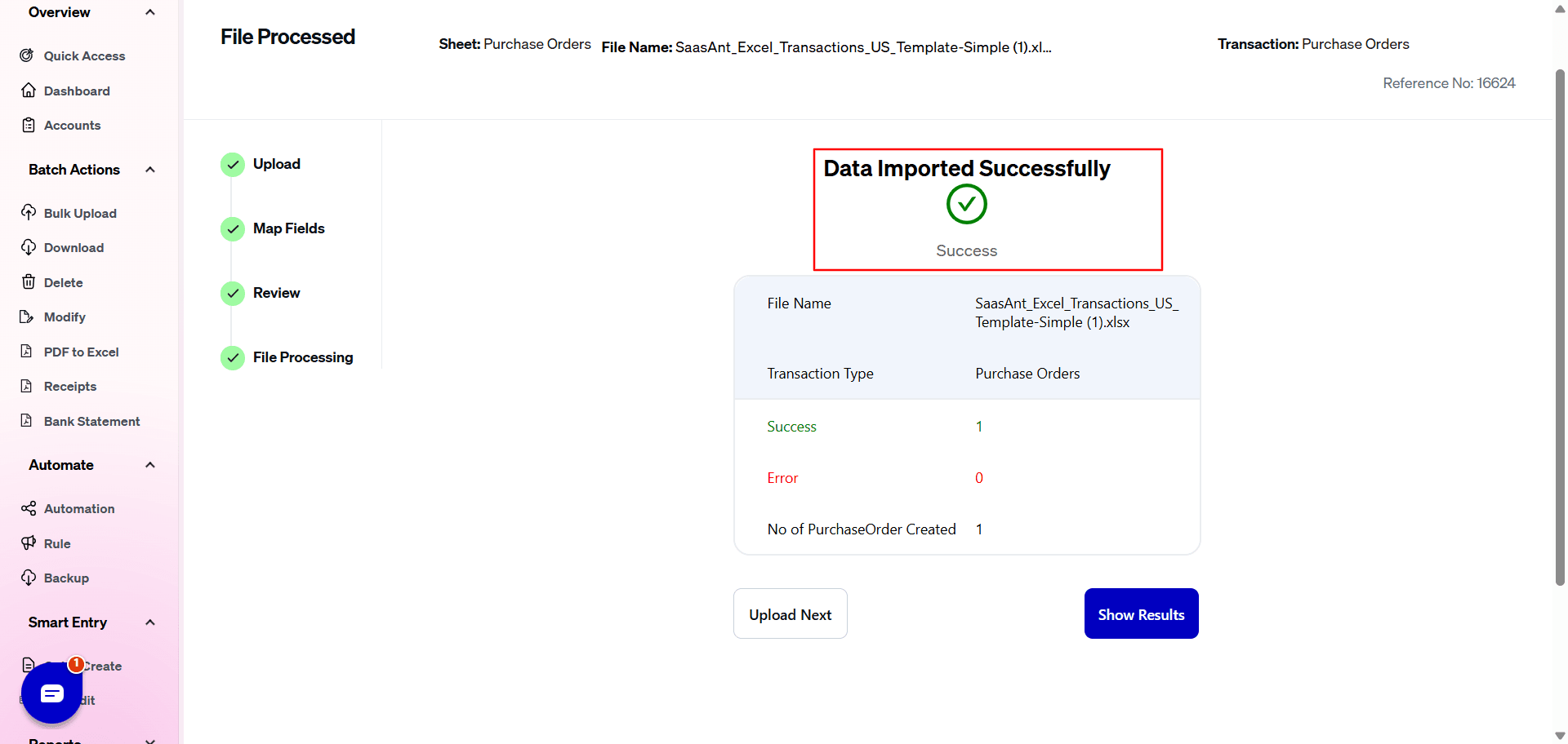 Import Purchase Order Success - SaasAnt Transactions.png