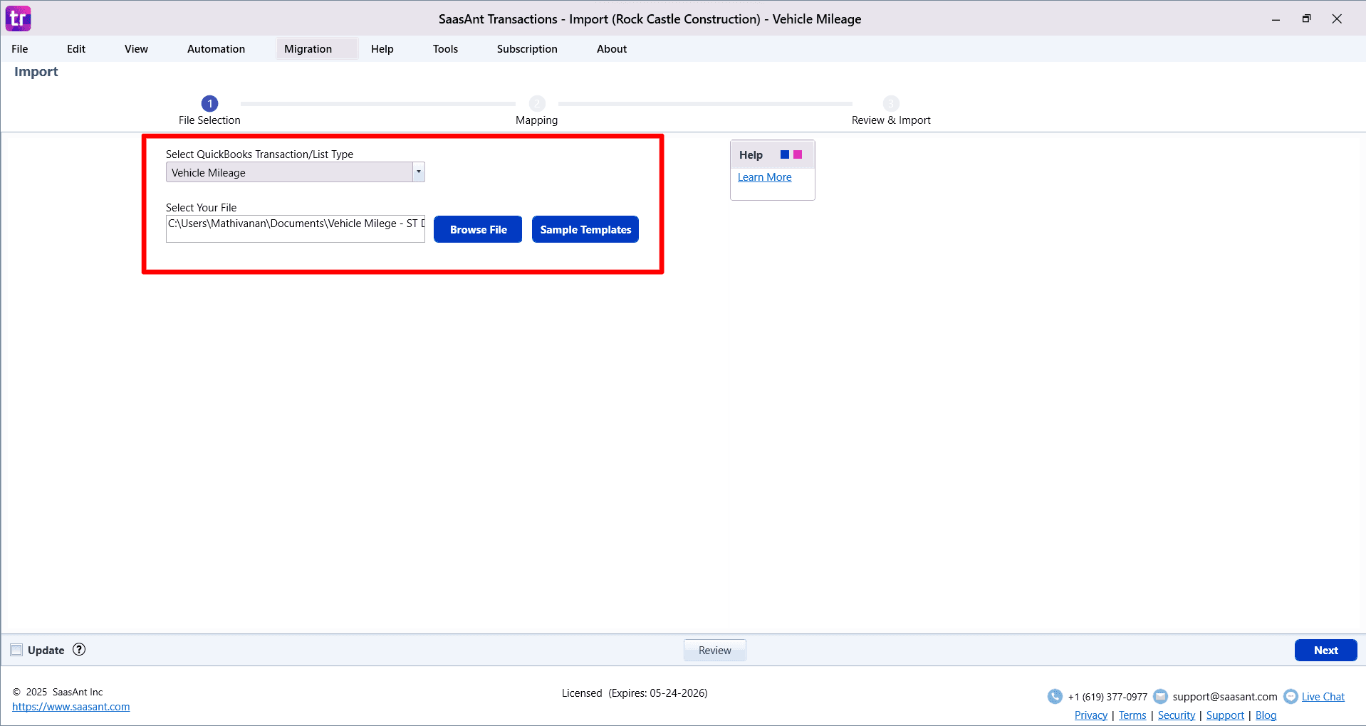 Browse Vehicle Mileage - SaasAnt Transactions Desktop.png