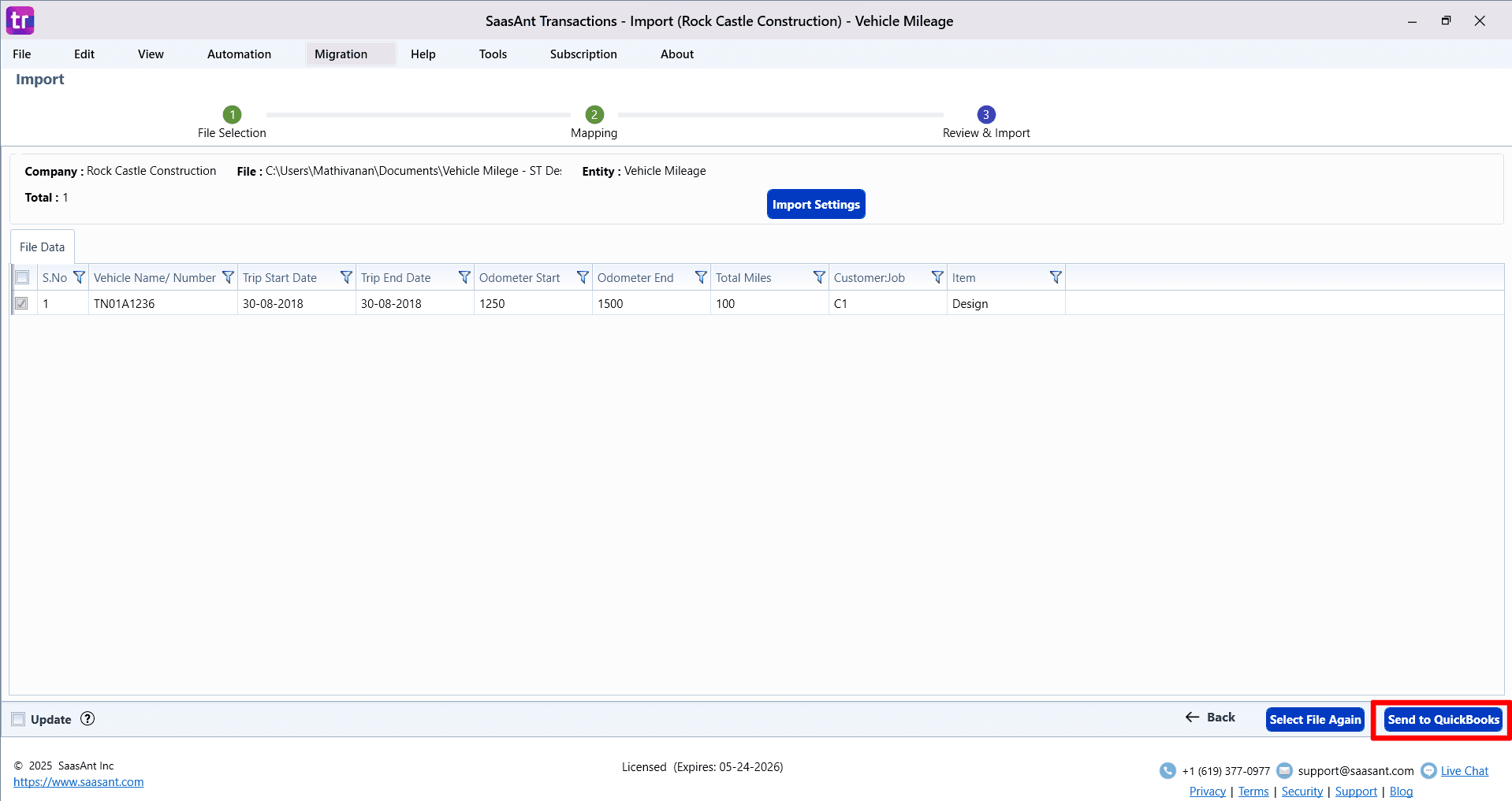 Send Vehicle Mileage QuickBooks - SaasAnt Transactions Desktop.png