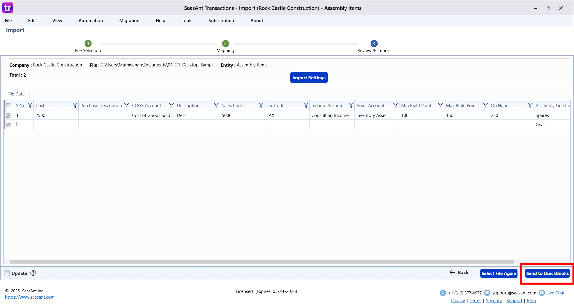 Send Inventory Assemblies - SaaasAnt Transactions Desktop.png