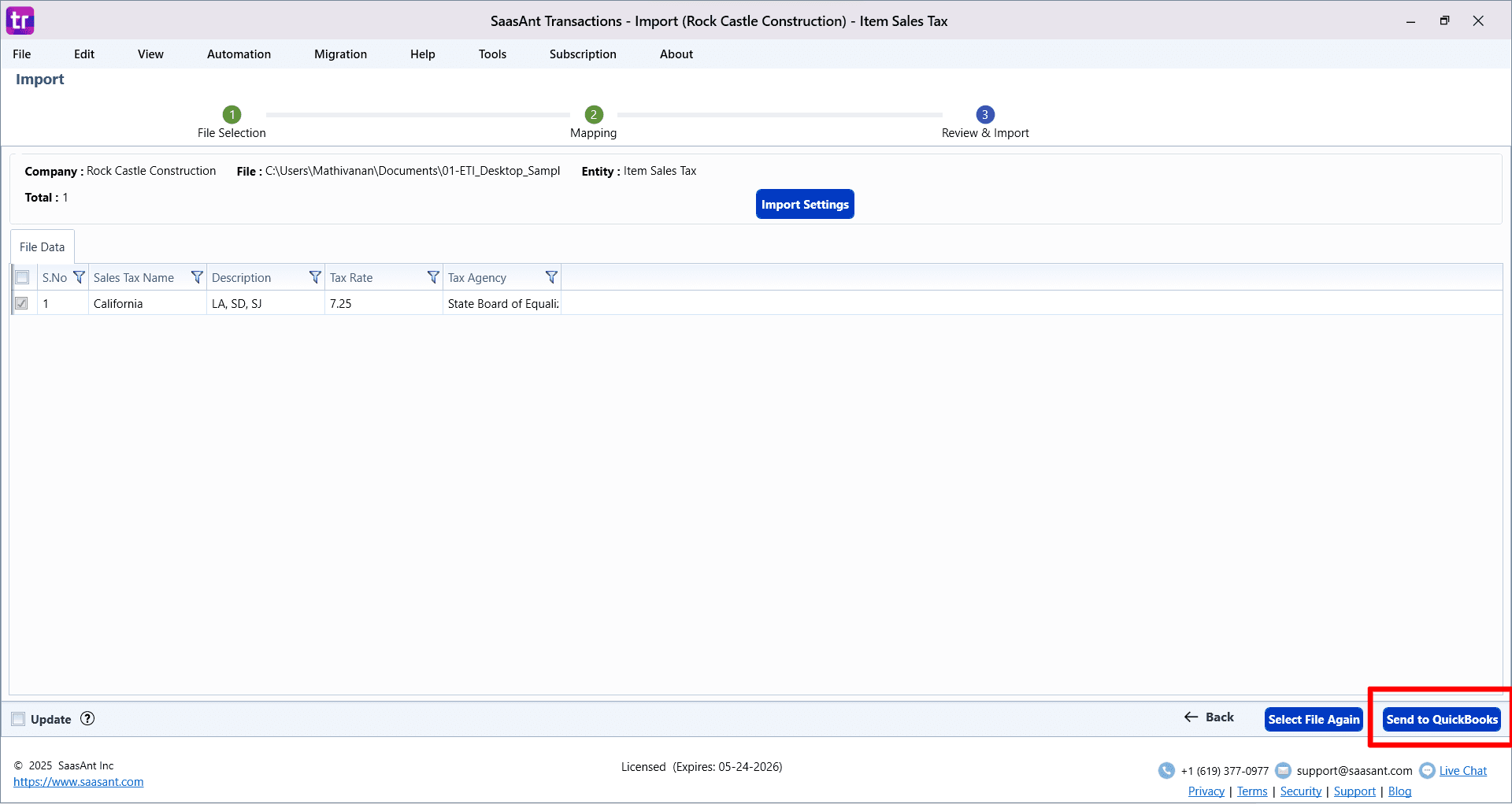 Send QuickBooks Item Sales Tax - SaasAnt Transactions Desktop.png