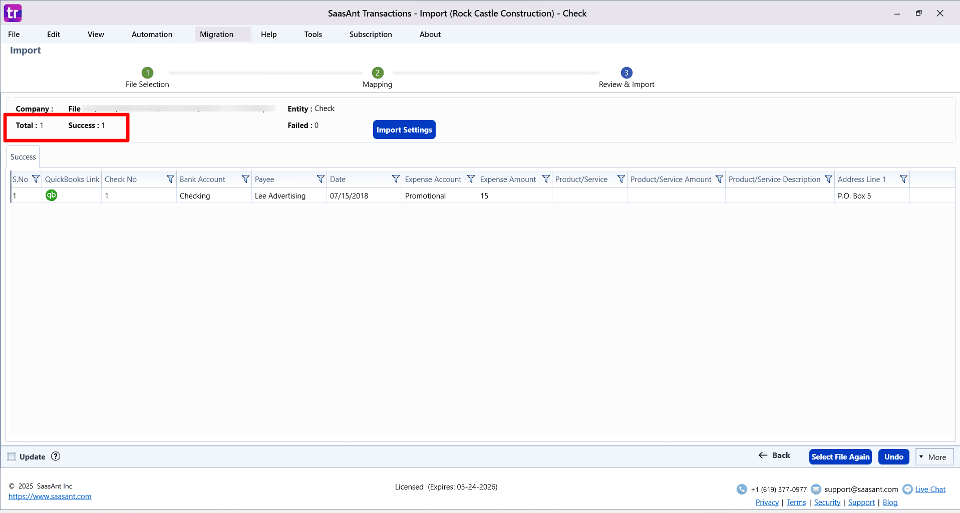 Success Import checks - SaasAnt Transactions.png
