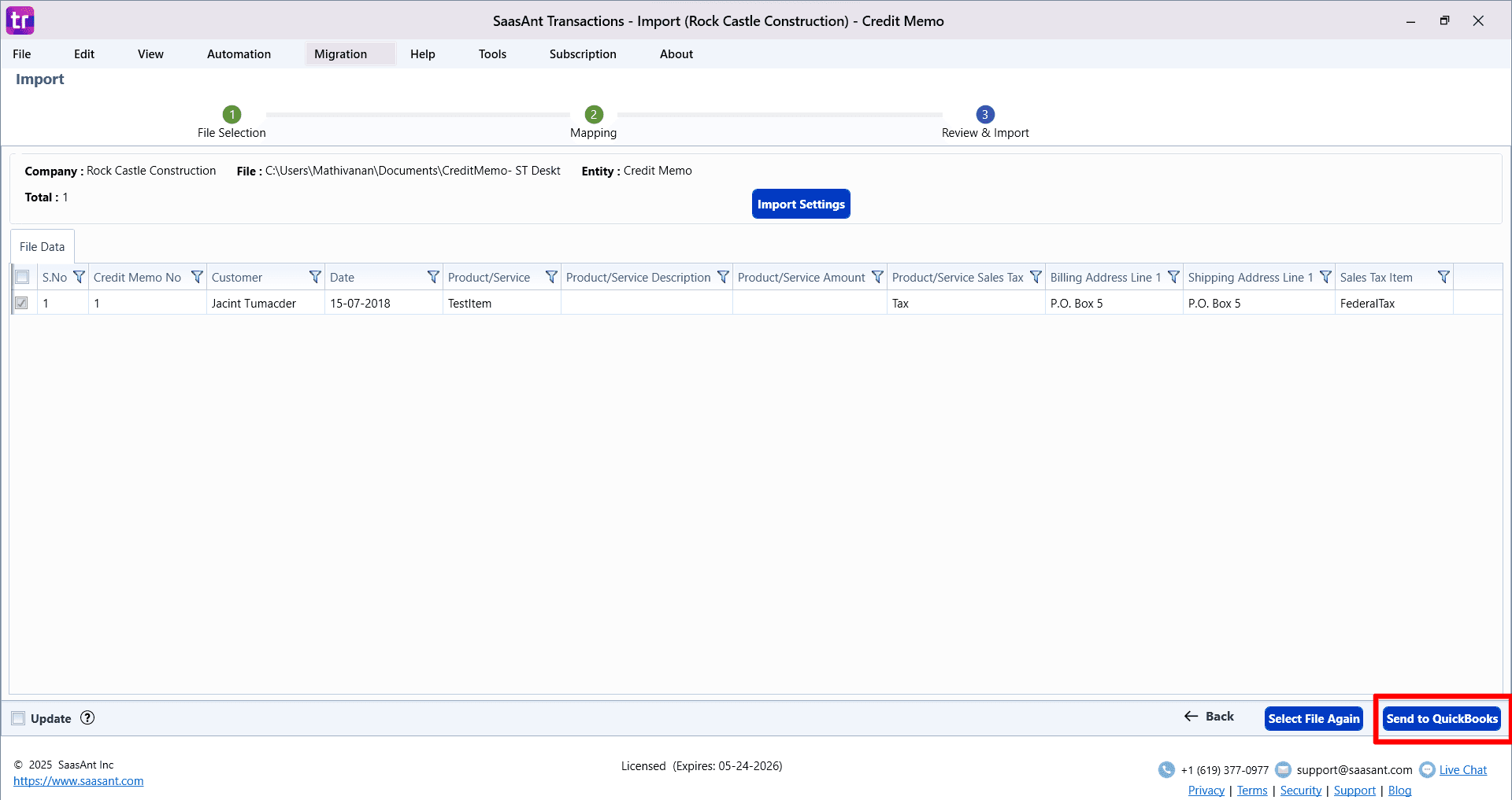 Send it to QuickBooks Credit Memo - SaasAnt Transactions Desktop.png
